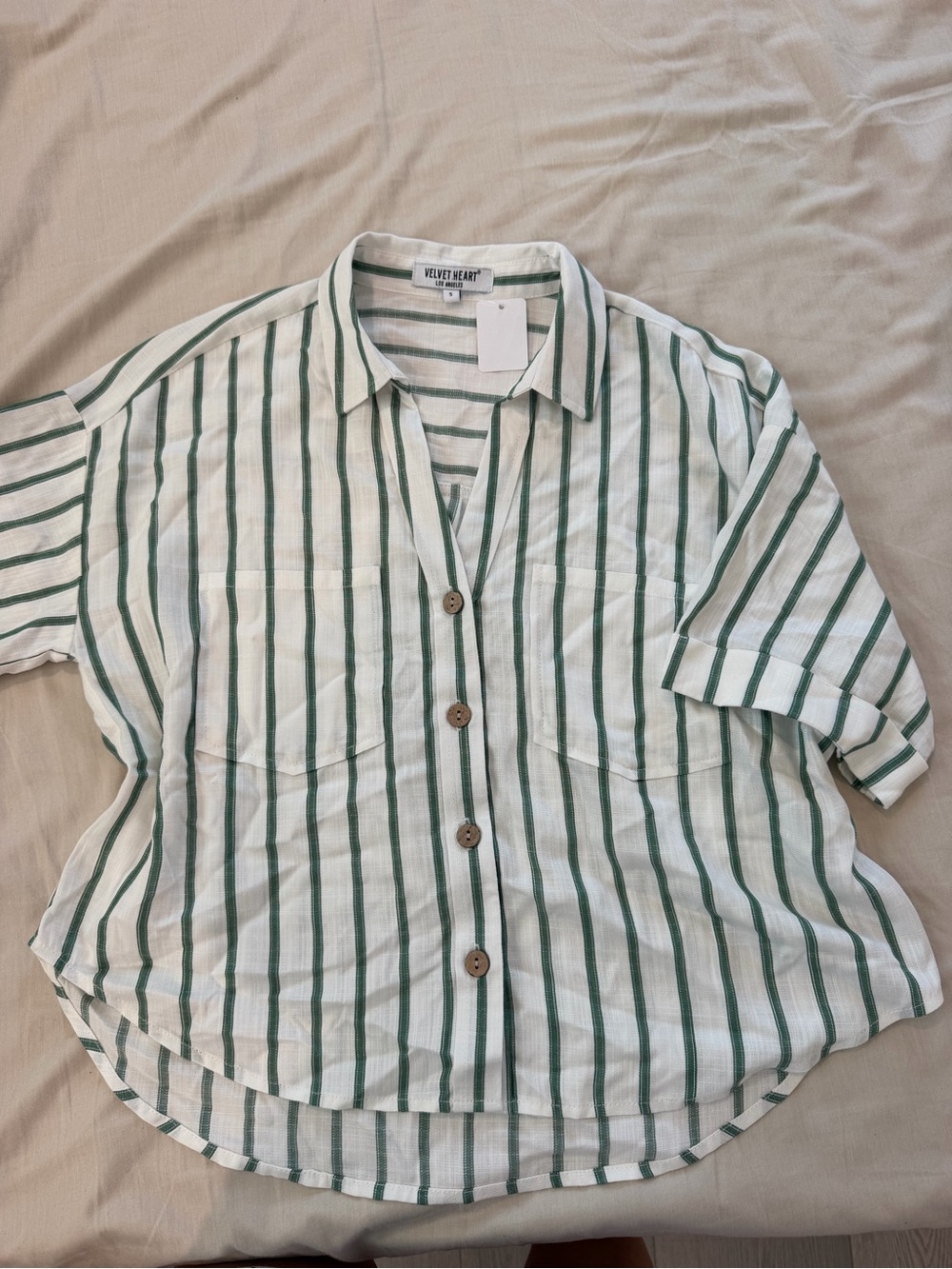 Velvet Heart White and Green Vertical Stripe Short Sleeve Button Shirt - Picture 2 of 3